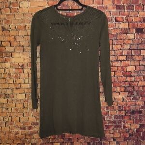 Olive Green Long Sleeve Dress with Embellishments